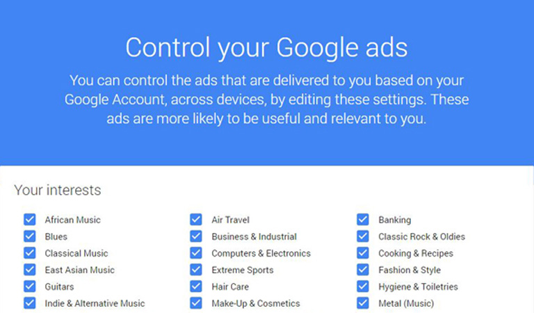 På dette bildet ser du hvilke interesser Google foreslår basert på en persons data. Foto: Skjermdump